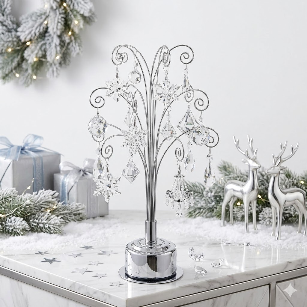 HOHIYA 16.75 Inch Mini Rotating Ornament Display Tre, 3-Tier Metal Stand with 15 Hooks Small Tabletop Christmas Tree for Jewelry Charms and Keepsakes Silver Chrome